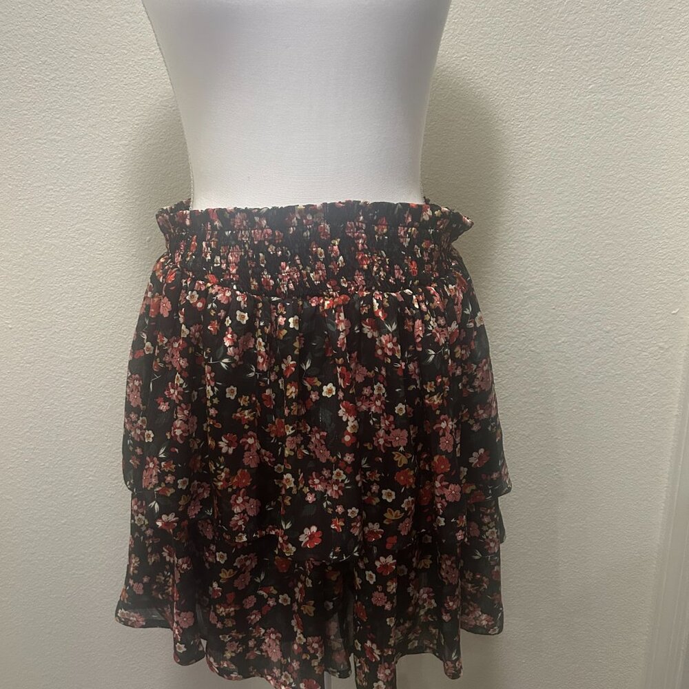 Pink Lily black floral ruffled mini skort, large